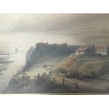 A small framed pastel a study of a costal view wit