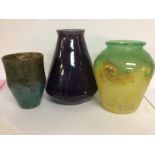 Three art glass vases 26 cm 23 cm 18 cm .