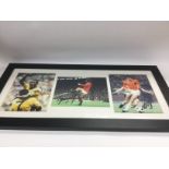 A framed and signed montage of three footballing l