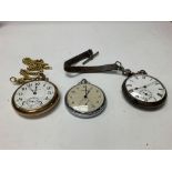 Three pocket watches. Two seen working.