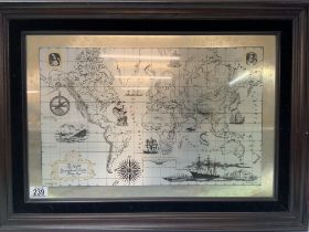John Pinches hallmarked silver world map. 70cm x 5