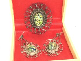 Silver Mexican art glass brooch and earrings , pos