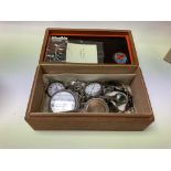 A box of silver including pocket watches and jewel