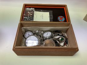 A box of silver including pocket watches and jewel