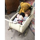 1930s Wooden Dolls pram with cover and hood, Large