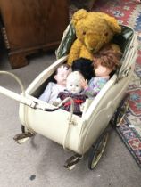 1930s Wooden Dolls pram with cover and hood, Large