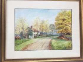 A framed and glazed Victorian watercolour of an English rural scene with a cottage and a tree