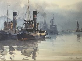 Two framed watercolours studies of the Thames with