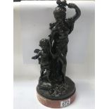 A bronze figure group in classical form depicting maiden and cherub, on a marble base. 35cm in