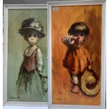 Leighton Jones, 1932-2011. 2 original paintings on board of street urchins. 87cm x 46cm.