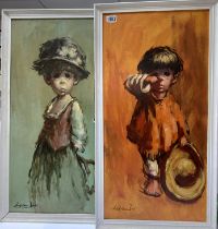 Leighton Jones, 1932-2011. 2 original paintings on board of street urchins. 87cm x 46cm.