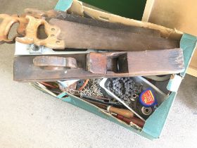 Boxes of vintage tools including saws, screwdriver