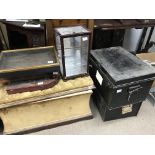 Two metal deed boxes together with four miniature display cabinets