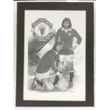 A George Best signed print of a pencil drawing dep