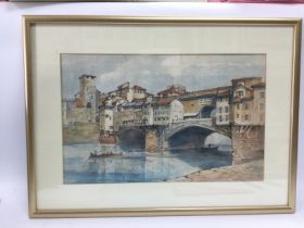 A framed and glazed watercolour of Ponte Vecchio in Florence, unsigned and approx 48cm x 35cm.