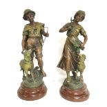A pair of French F.Moreau spelter figures , approx