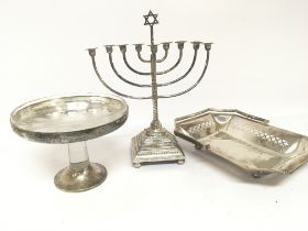 A silver plated Jewish Menorah a modern design gla