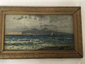 A small oil painting French costal view indistinct