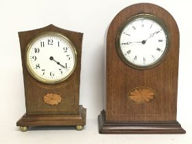 8 Day oak & inlay Mantle Clocks, and keys. 20 & 23