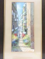 A framed and glazed watercolour of an Italian street scene, approx 38cm x 62cm. Shipping category