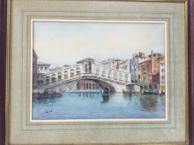 A watercolour of Venice and a watercolour of a Continental harbour view plus a framed print of three