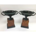 A pair of classical urns raised on squared wooden