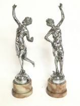 Chrome Art Deco figures on marble bases, approxima