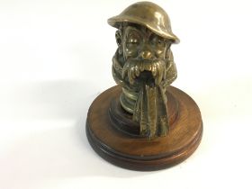 Original 1920s bronze car mascot OLD BILL. Has Bruce Bairnsfather signature on helmet. Mascot is