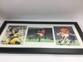 A framed and signed montage of three footballing l