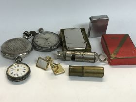 Three pocket watches including military cigarette lighters whistle and cufflinks.