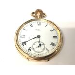 A Waltham gold plated pocket watch. Winds and runs.