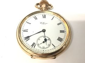 A Waltham gold plated pocket watch. Winds and runs.