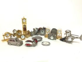 A box of miniature novelty clocks, some as new.