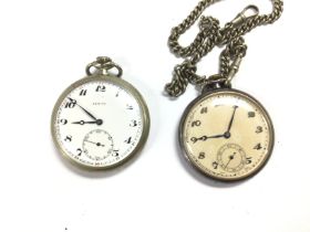 A zenith pocket watch and one other with a chain.