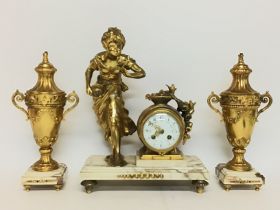Marble and Brass Clock garniture, with a mounted b