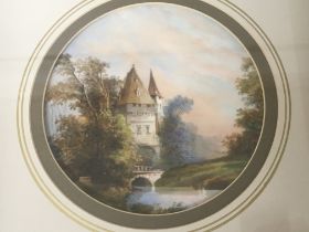 A Quality framed hand painted porcelain plaque with Continental buildings over a river in a sealed