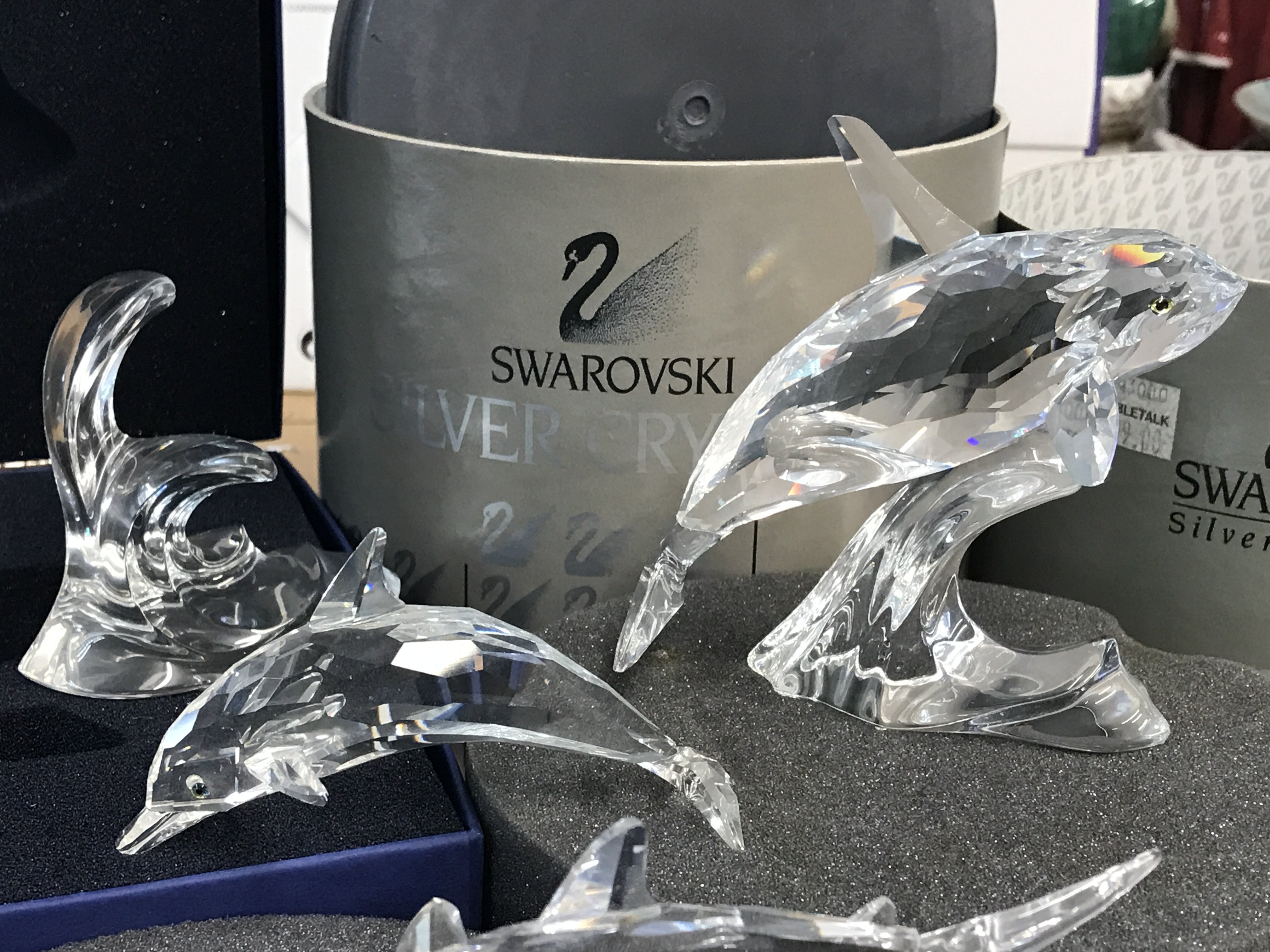 Four Swarovski sea creatures, including shark, Orca on wave and two dolphins among waves. One - Image 3 of 5