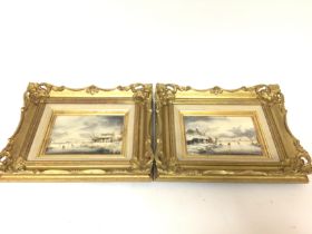 A pair of small gilt framed paintings by V Hoeue. One titled Early start and the other a winter