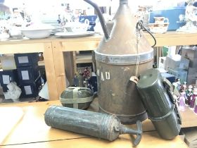 Wartime fuel can, two flasks and a fire extinguish