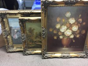 A collection of framed watercolour and oil paintin