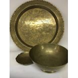 A Chinese brass tray with stand and two conforming brass bowls (3) NO RESERVE