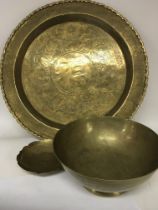 A Chinese brass tray with stand and two conforming brass bowls (3) NO RESERVE