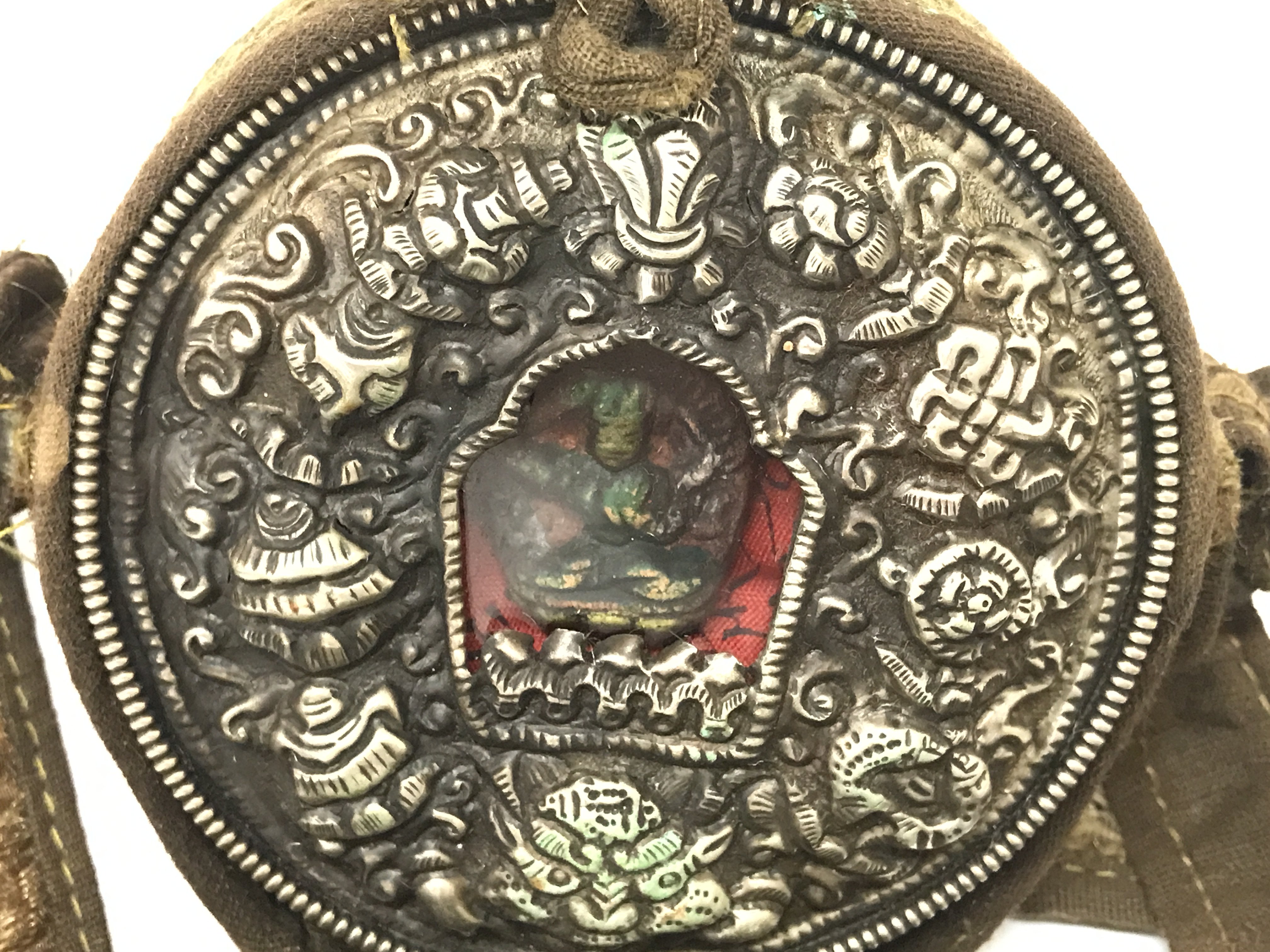 Old Tibetan round travelling shrine its embossed T - Image 2 of 3