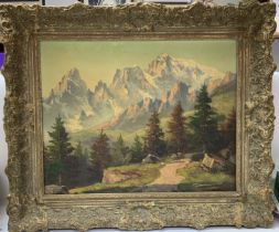 A framed oil on canvas a View of Mont Blanc, signed Embler. 64cm x 54cm.