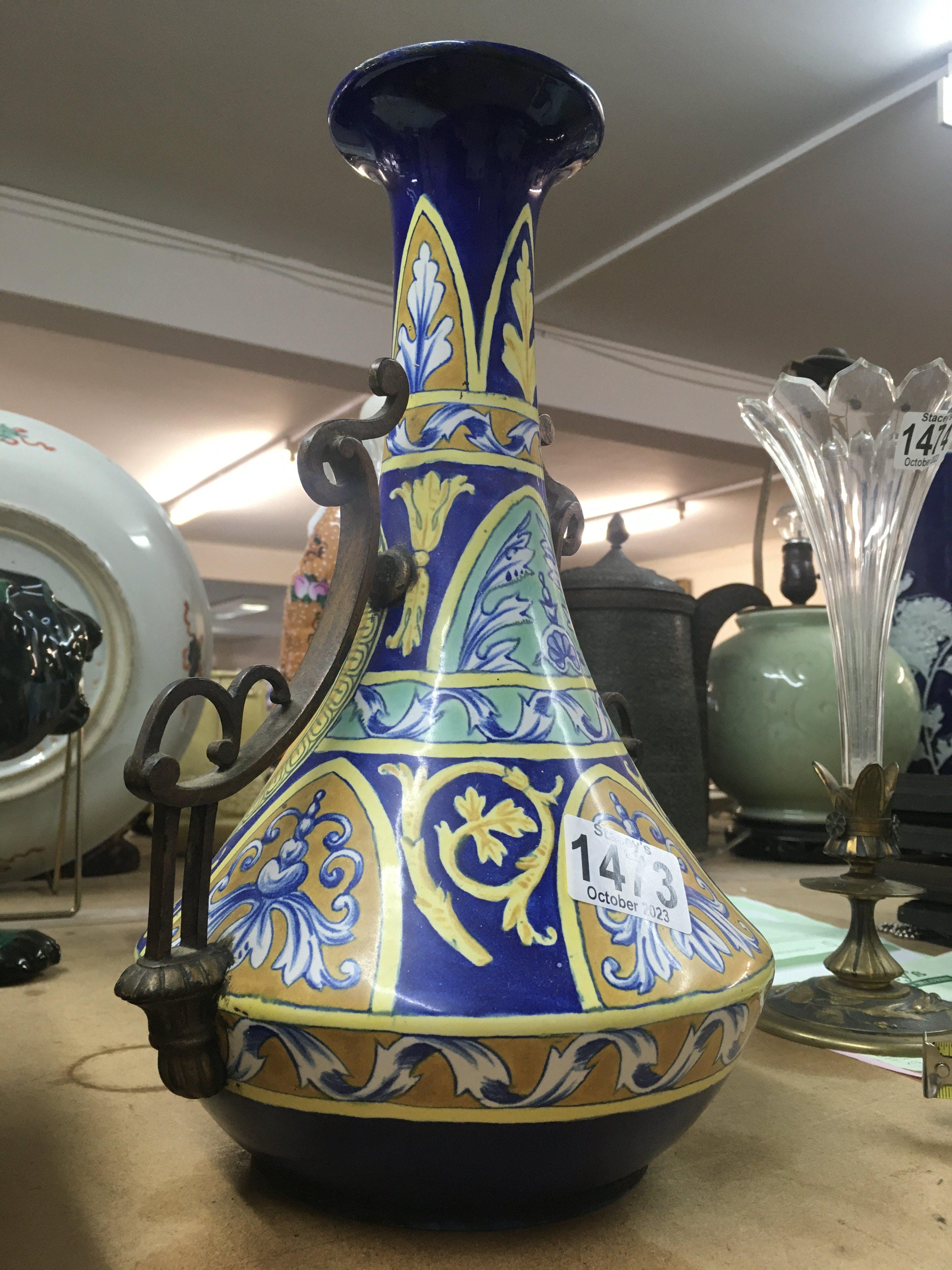 A French Fiance vase with applied brass scroll han - Image 2 of 4