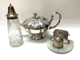 A Halllmarked silver Mappin & Webb desk calendar, Silver played teapot, Hallmarked silver topped
