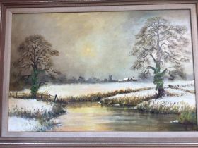 Two framed paintings. One a snow covered field and the other a sunny landscape. Both signed. Postage