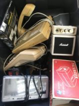 A box of various electrical and other items including vintage cameras such as Yashica Ez matic , A