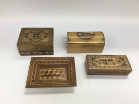 Four small Tunbridgeware boxes. Shipping category B.