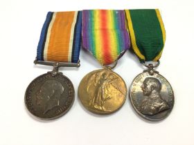 Three First World War medals 351079 C SJT HJ Baileys LAN FUS TA efficiency medal. Postage B